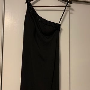 ONE SHOULDER BLACK EVENING GOWN WITH BEADED TRIM